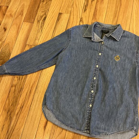 90s Ralph Lauren Blue Denim Button Down Shirt Crown Logo Pocket Womens Large - Picture 4 of 14